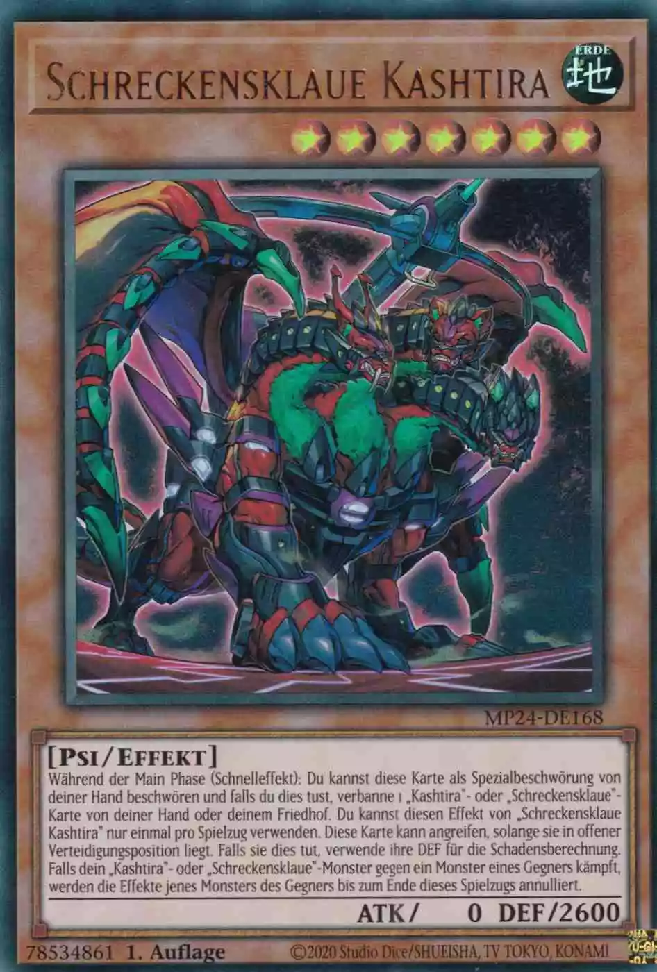 Schreckensklaue Kashtira Ultra Rare MP24-DE168 Yugioh Karte Schreckensklaue Kashtira MP24-DE168 ist in Ultra Rare Yu-Gi-Oh Karte aus 25th Anniversary Tin Dueling Mirrors 1.Auflage