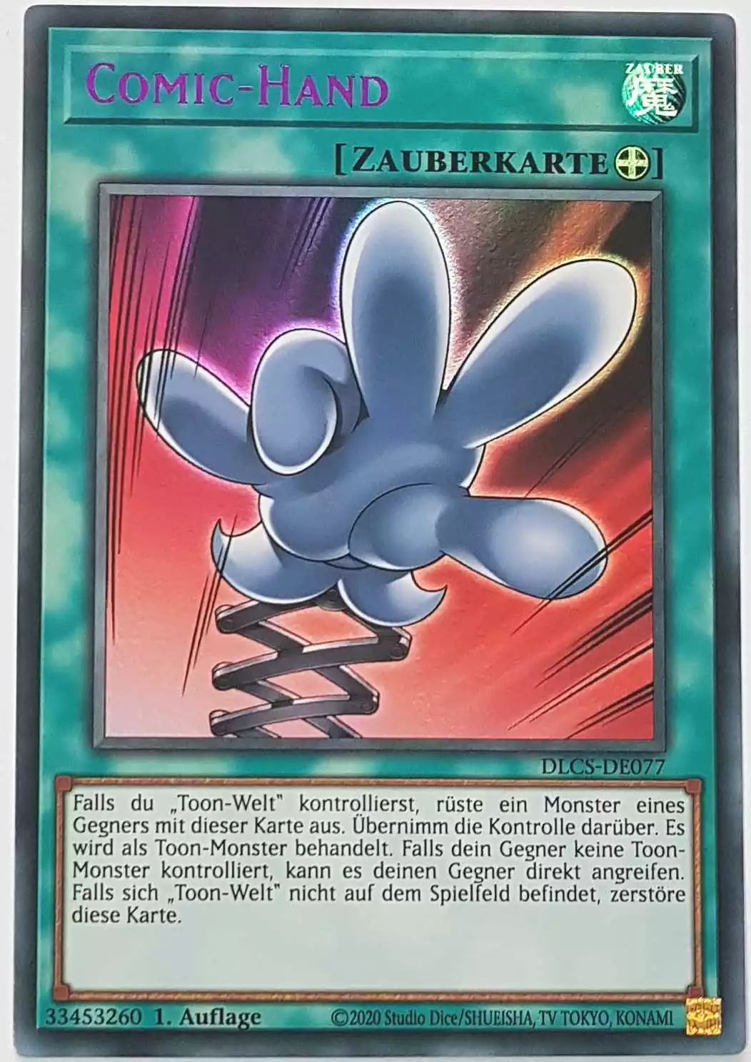 dlcs-de077-l-comic-hand-lila-colorful-ultra-rare Comic-Hand (lila) DLCS-DE077-L ist in Colorful Ultra Rare Yu-Gi-Oh Karte aus Dragons of Legend The Complete Series 1.Auflage
