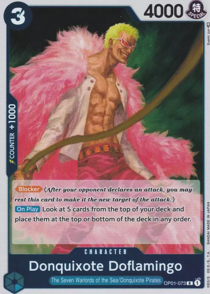 op01-073-donquixote-doflamingo-rare-romance-dawn Donquixote Doflamingo OP01-073 ist in Rare. Die One Piece Karte ist aus Romance Dawn in Normal Art.