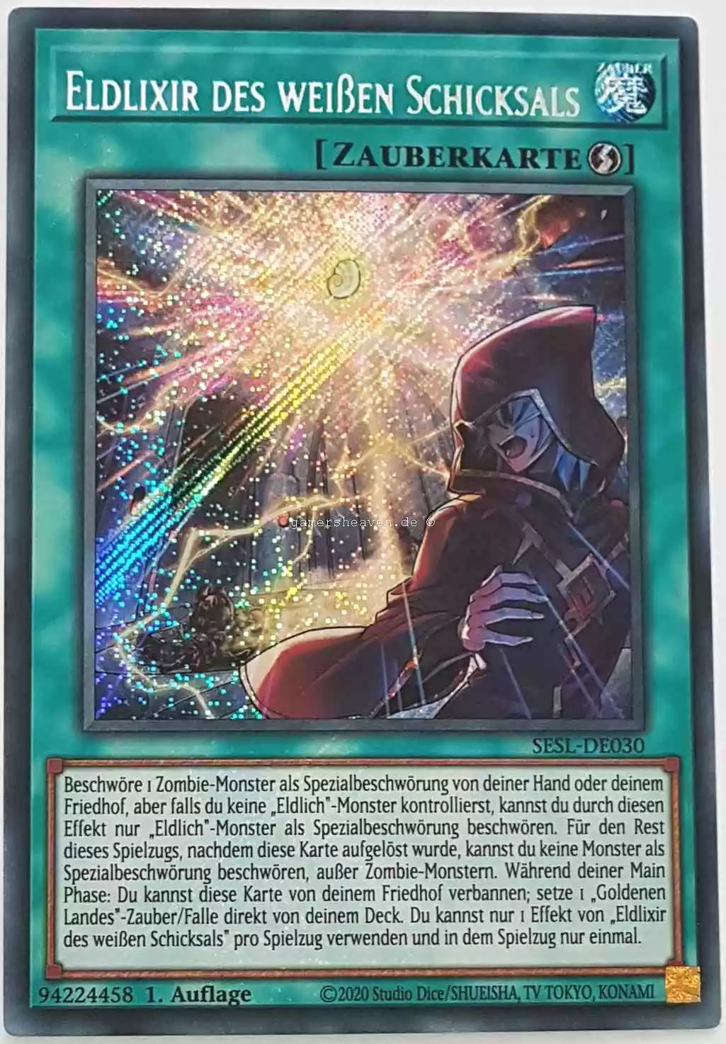 Eldlixir des weißen Schicksals SESL-DE030 ist in Secret Rare Yu-Gi-Oh Karte aus Secret Slayers 1.Auflage