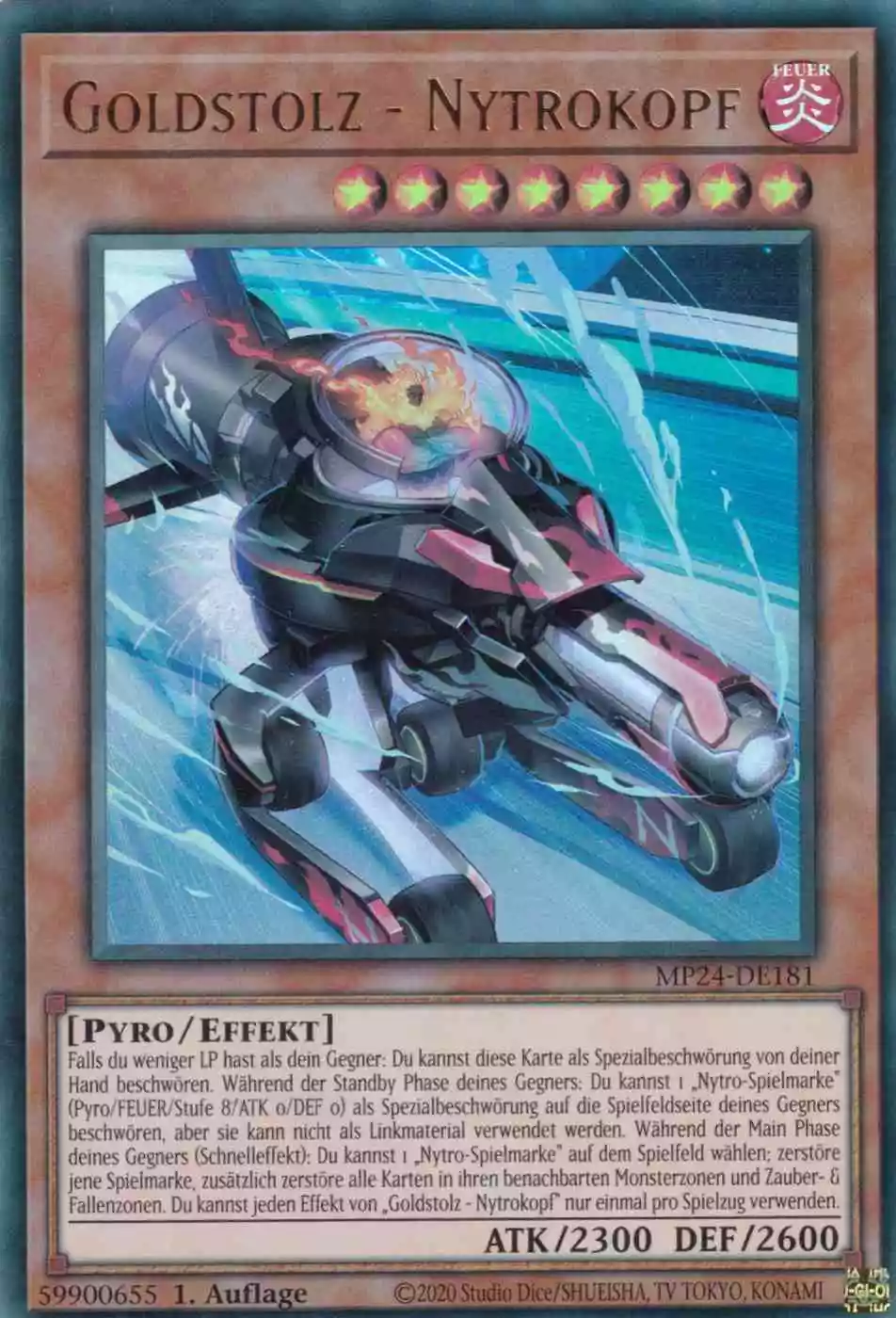 Goldstolz - Nytrokopf Ultra Rare MP24-DE181 Yugioh Karte Goldstolz - Nytrokopf MP24-DE181 ist in Ultra Rare Yu-Gi-Oh Karte aus 25th Anniversary Tin Dueling Mirrors 1.Auflage