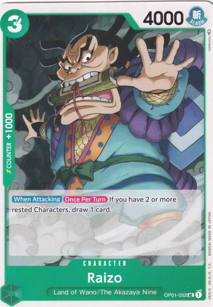 op01-052-raizo-uncommon-romance-dawn Raizo OP01-052 ist in Uncommon. Die One Piece Karte ist aus Romance Dawn in Normal Art.