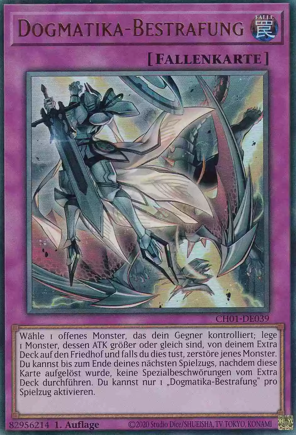 Dogmatika-Bestrafung Ultra Rare CH01-DE039 Yugioh Karte Dogmatika-Bestrafung CH01-DE039 ist in Ultra Rare Yu-Gi-Oh Karte aus THE CHRONICLES DECK: The Fallen & The Virtuous 1.Auflage