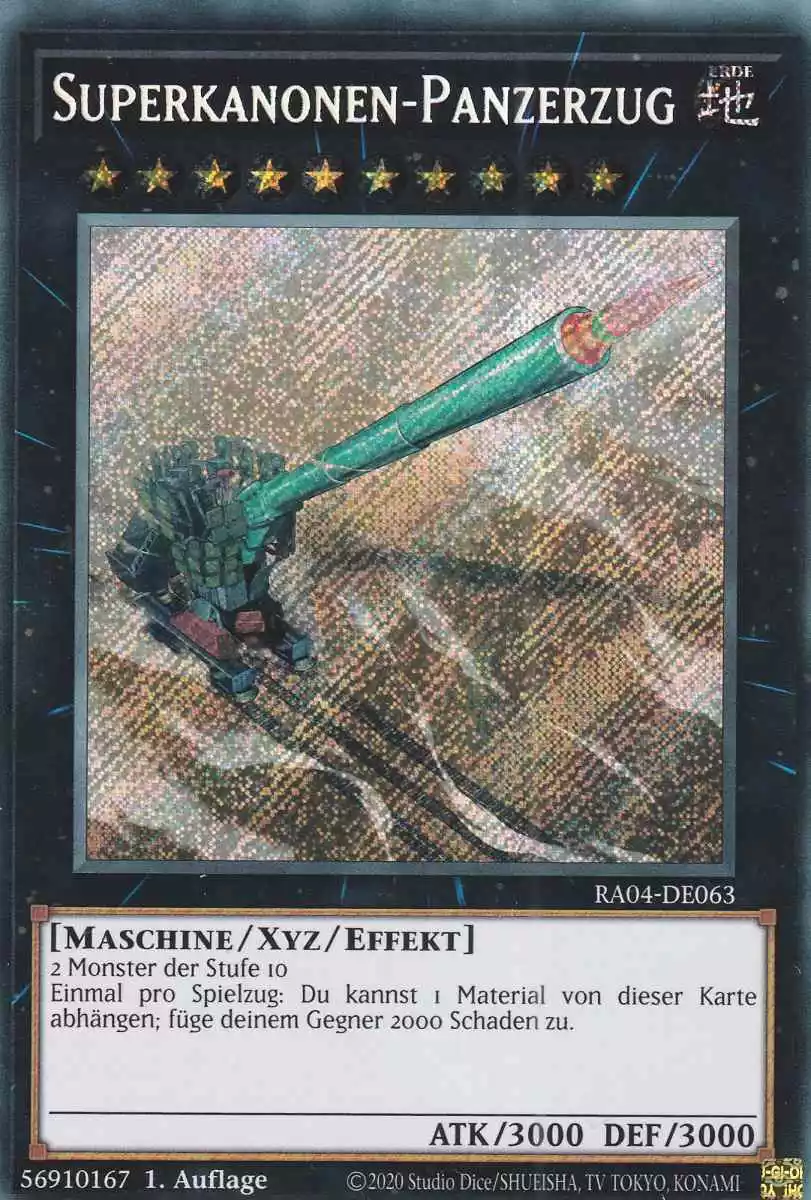 Superkanonen-Panzerzug RA04-DE063 ist in Secret Rare Yu-Gi-Oh Karte aus Quarter Century Stampede 1.Auflage