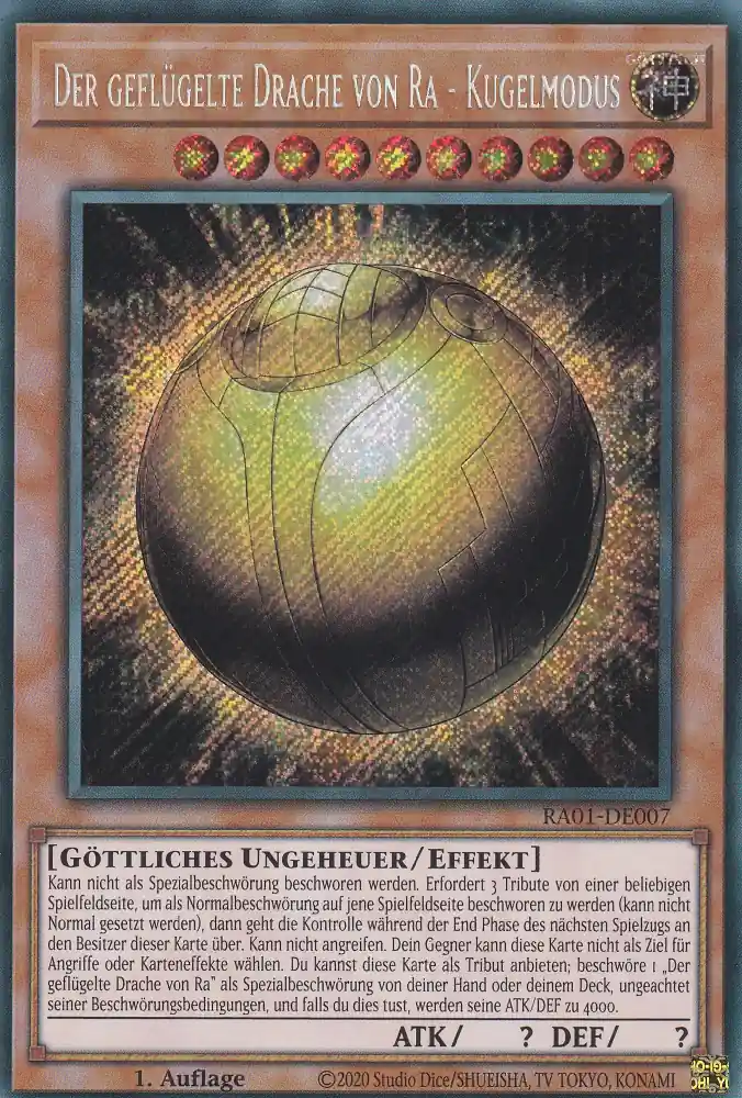 Der geflügelte Drache von Ra - Kugelmodus RA01-DE007 ist in Secret Rare Yu-Gi-Oh Karte aus 25th Anniversary Rarity Collection 1.Auflage