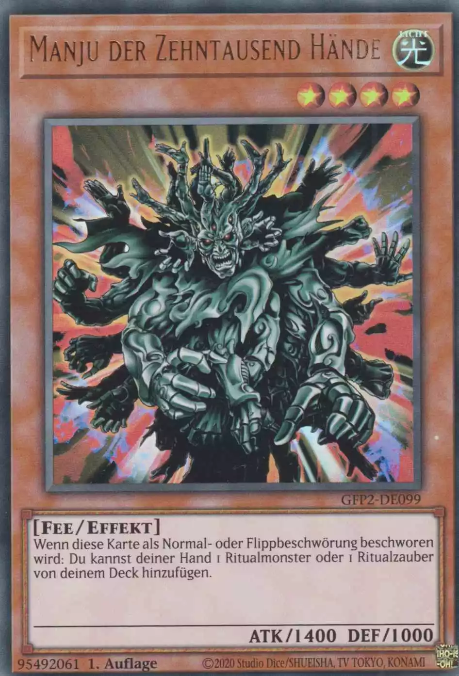 Manju der Zehntausend Hände GFP2-DE099 ist in Ultra Rare Yu-Gi-Oh Karte aus Ghosts from the Past The 2nd Haunting 1.Auflage