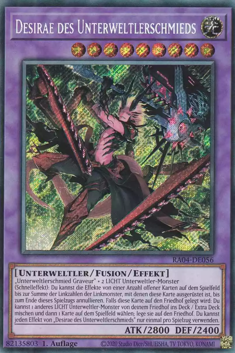 Desirae des Unterweltlerschmieds RA04-DE056 ist in Secret Rare Yu-Gi-Oh Karte aus Quarter Century Stampede 1.Auflage