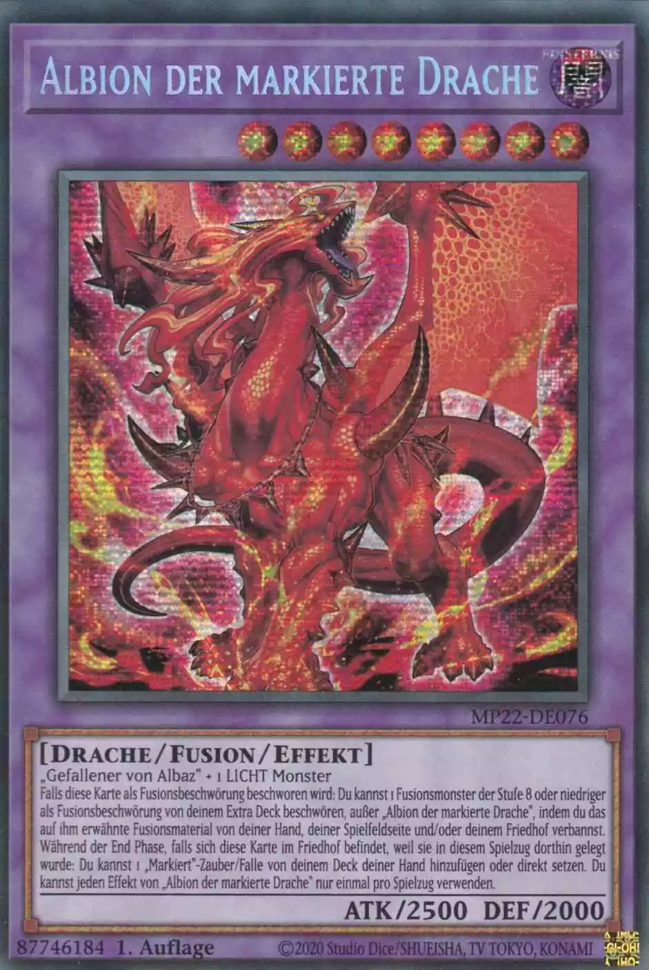 Albion der markierte Drache MP22-DE076 ist in Prismatic Secret Rare Yu-Gi-Oh Karte aus Tin of the Pharaoh’s Gods 1.Auflage