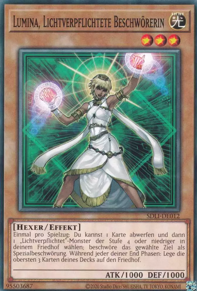 Lumina, Lichtverpflichtete Beschwörerin SDLI-DE012 ist in Common Yu-Gi-Oh Karte aus Realm Of Light unlimitiert