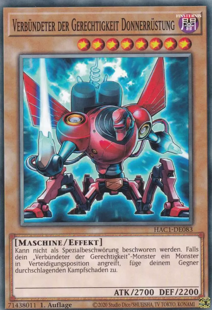 Verbündeter der Gerechtigkeit Donnerrüstung HAC1-DE083 ist in Common Yu-Gi-Oh Karte aus Hidden Arsenal Chapter 1 1.Auflage