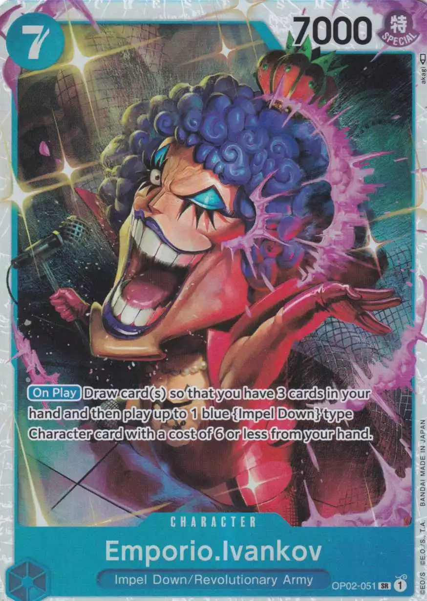 Emporio.Ivankov OP02-051 ist in Super Rare. Die One Piece Karte ist aus Paramount War OP-02 in Normal Art.