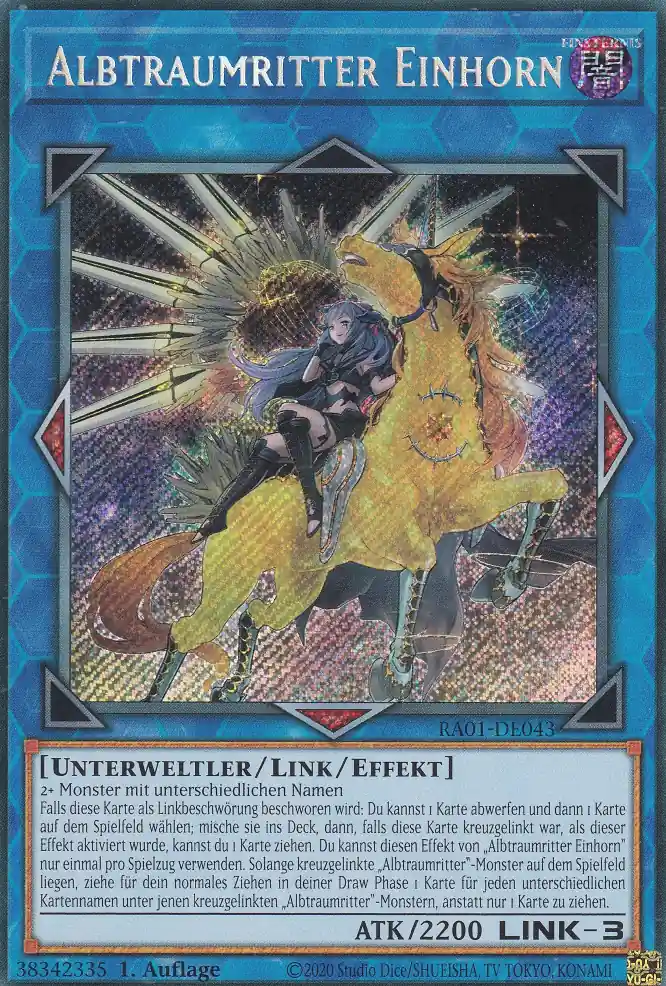 Albtraumritter Einhorn (alternativ art) RA01-DE043 ist in Secret Rare Yu-Gi-Oh Karte aus 25th Anniversary Rarity Collection 1.Auflage
