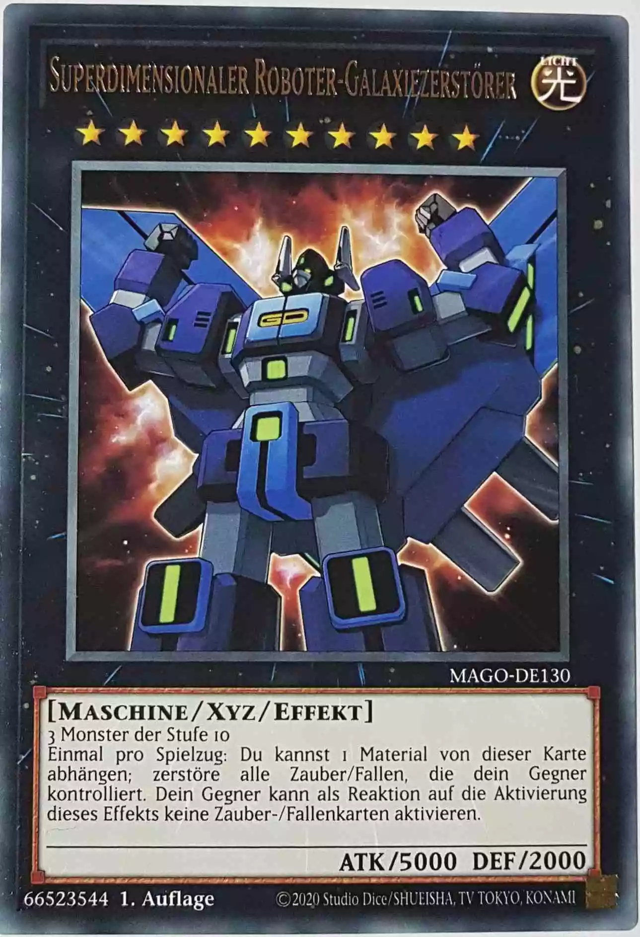 Superdimensionaler Roboter-Galaxiezerstörer MAGO-DE130 ist in Gold Rare Yu-Gi-Oh Karte aus Maximum Gold 1. Auflage