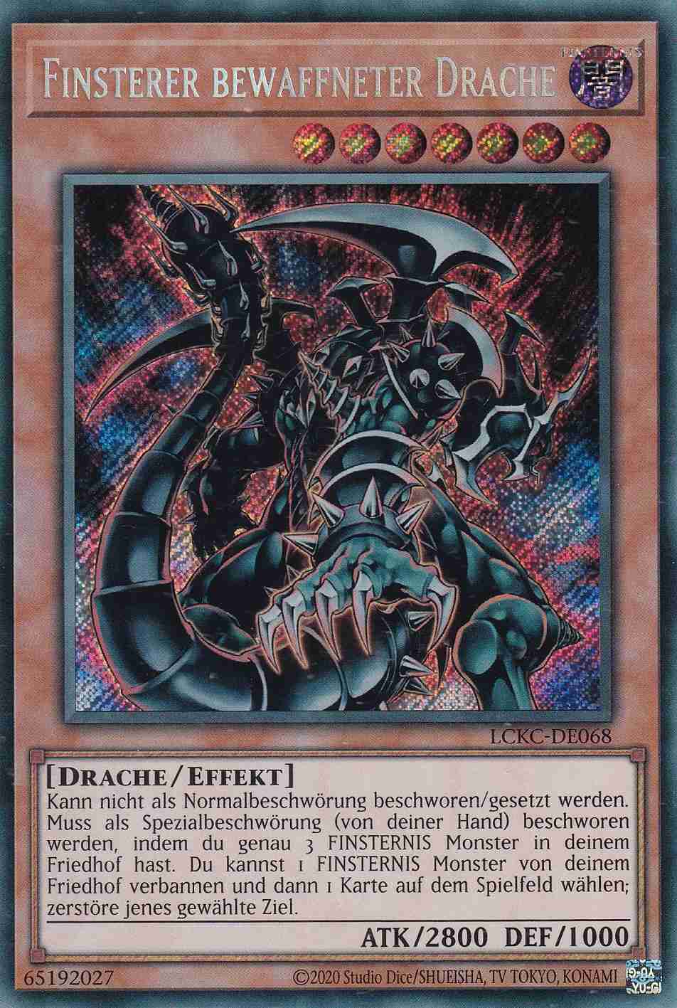 Finsterer bewaffneter Drache Secret Rare LCKC-DE068 Yugioh Karte Finsterer bewaffneter Drache LCKC-DE068 ist in Secret Rare Yu-Gi-Oh Karte aus Legendary Collection Kaiba unlimitiert