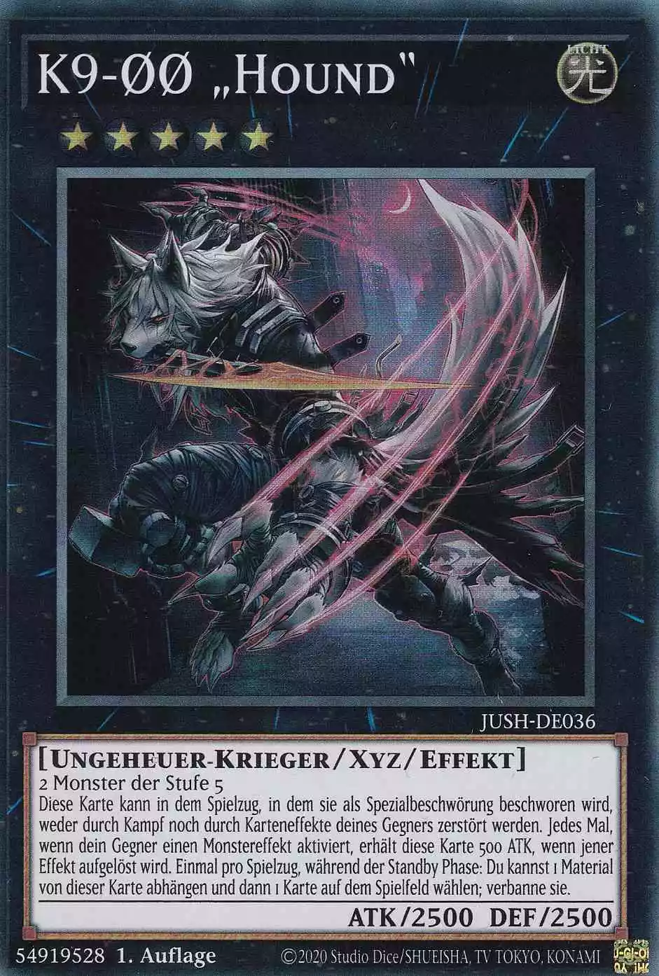 K9-ØØ „Hound“ JUSH-DE036 ist in Super Rare Yu-Gi-Oh Karte aus Justice Hunters 1.Auflage
