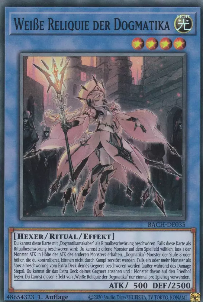 Weiße Reliquie der Dogmatika BACH-DE035 ist in Super Rare Yu-Gi-Oh Karte aus Battle of Chaos 1.Auflage