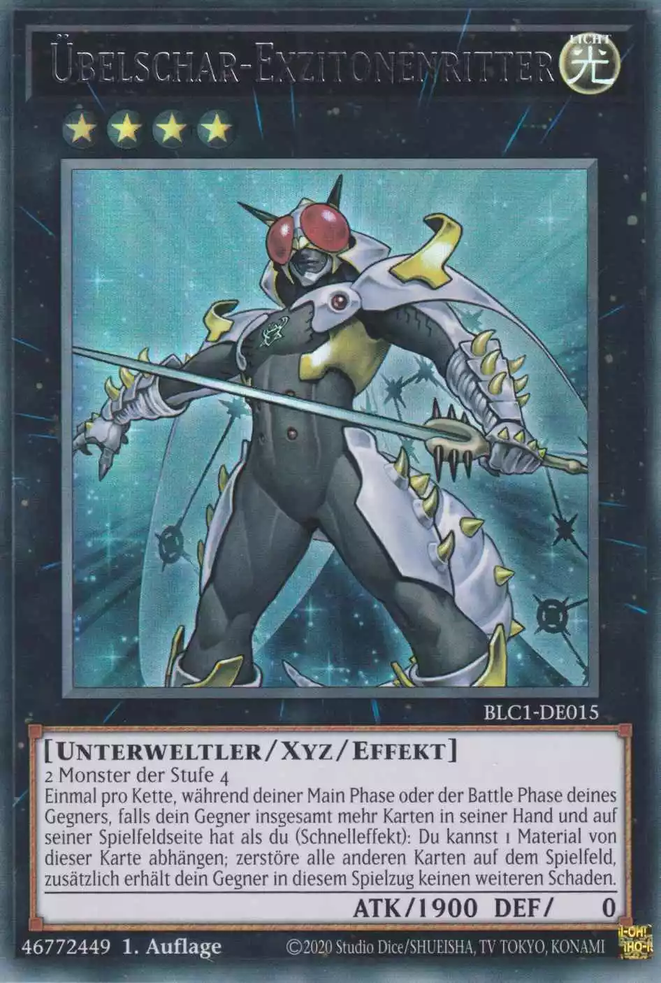 Übelschar-Exzitonenritter BLC1-DE015 ist in Silber Ultra Rare Yu-Gi-Oh Karte aus Battles of Legend Chapter 1 1.Auflage