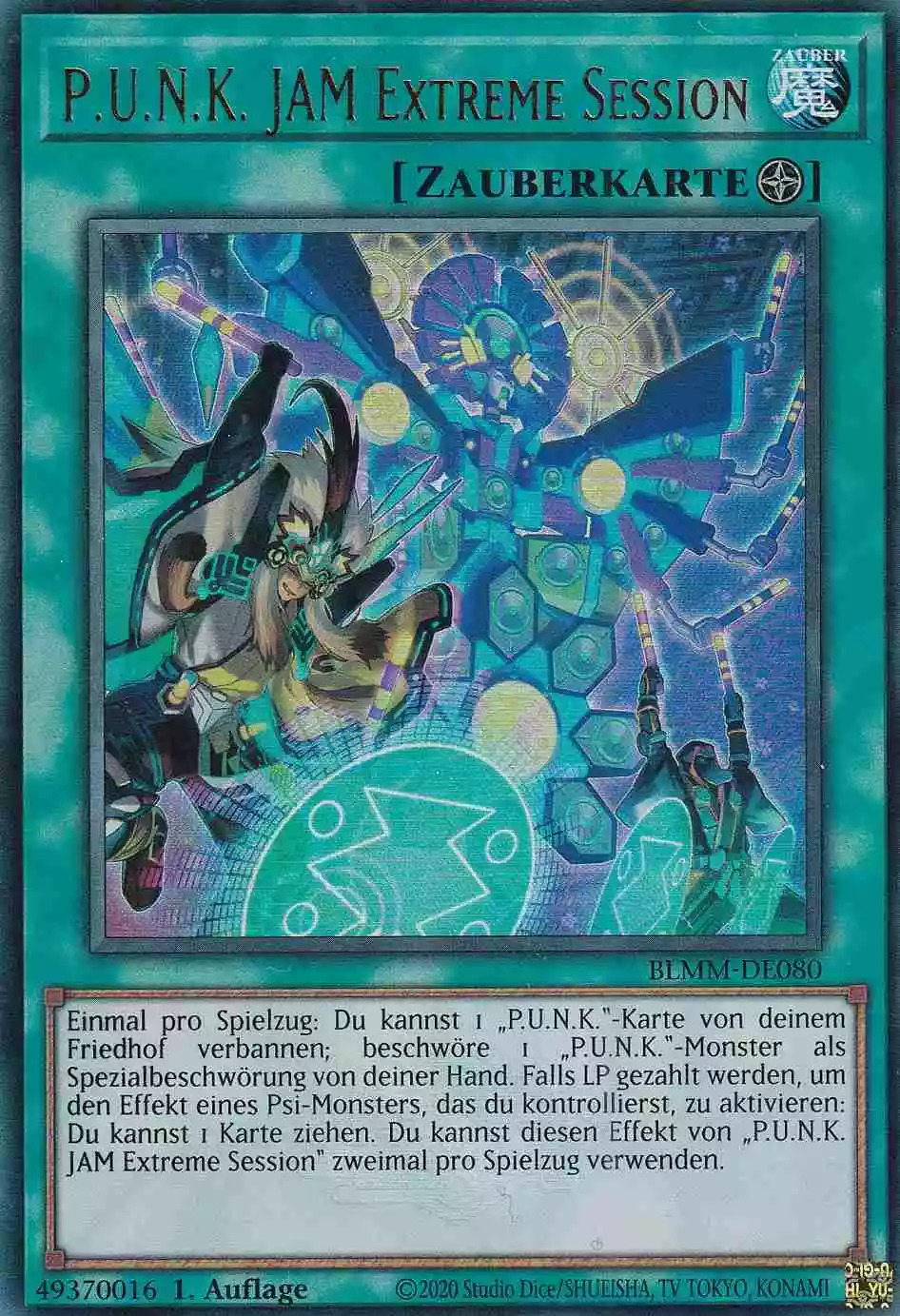 P.U.N.K. JAM Extreme Session Ultra Rare BLMM-DE080 Yugioh Karte P.U.N.K. JAM Extreme Session BLMM-DE080 ist in Ultra Rare Yu-Gi-Oh Karte aus Battles of Legend Monster Mayhem 1.Auflage