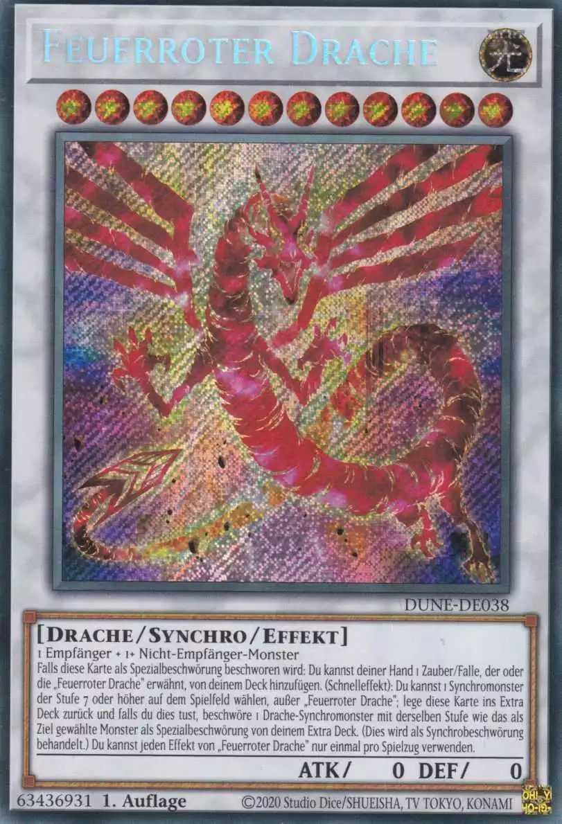 Feuerroter Drache DUNE-DE038 ist in Secret Rare Yu-Gi-Oh Karte aus Duelist Nexus 1.Auflage