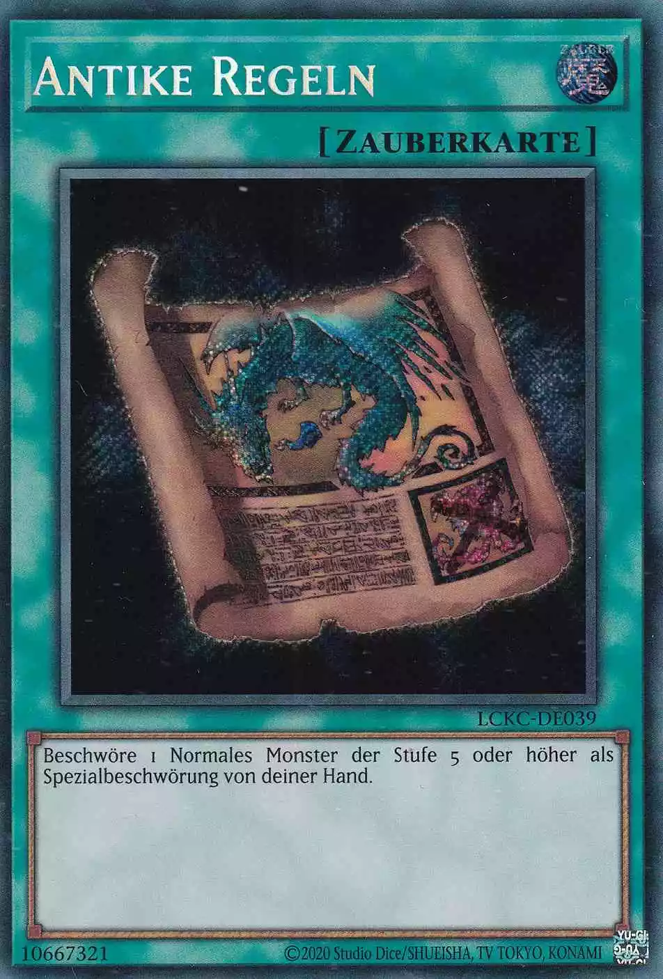 Antike Regeln LCKC-DE039 ist in Secret Rare Yu-Gi-Oh Karte aus Legendary Collection Kaiba unlimitiert