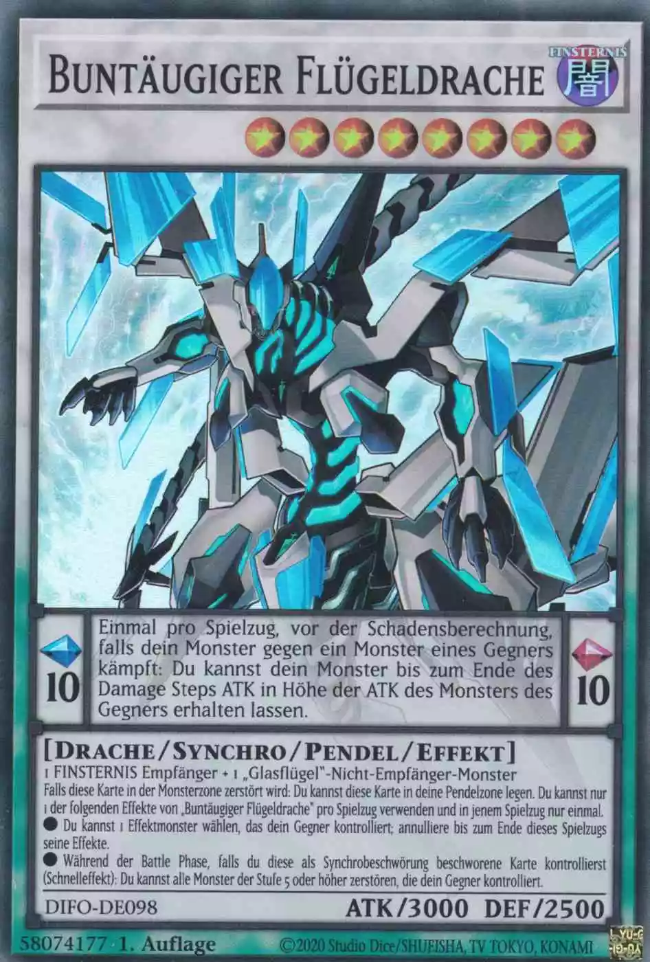 Buntäugiger Flügeldrache DIFO-DE098 ist in Super Rare Yu-Gi-Oh Karte aus Dimension Force 1.Auflage