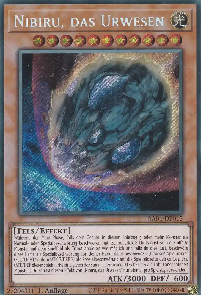 Nibiru, das Urwesen RA01-DE015 ist in Secret Rare Yu-Gi-Oh Karte aus 25th Anniversary Rarity Collection 1.Auflage