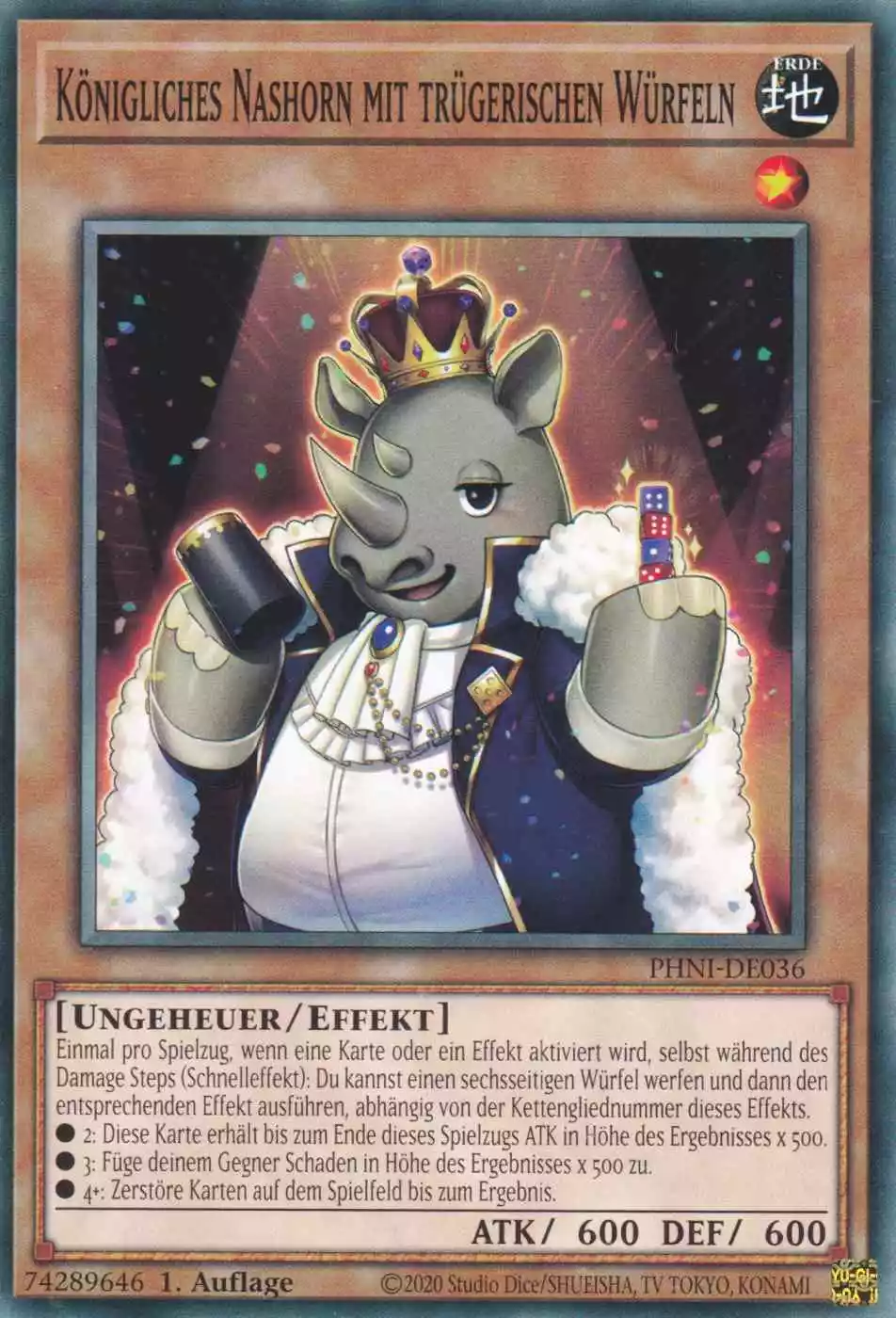 Königliches Nashorn mit trügerischen Würfeln PHNI-DE036 ist in Common Yu-Gi-Oh Karte aus Phantom Nightmare 1.Auflage