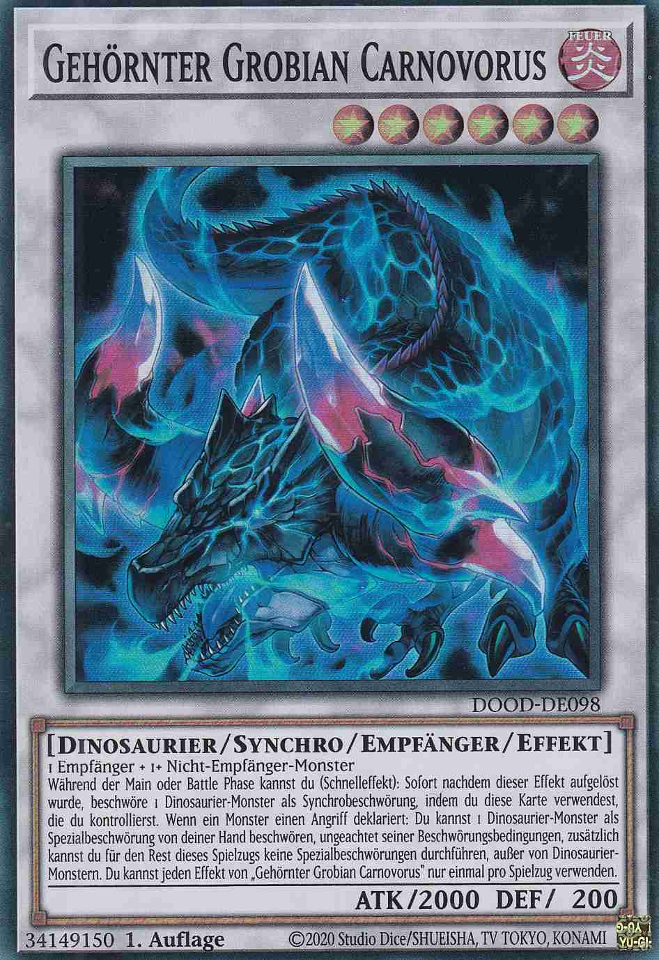 Gehörnter Grobian Carnovorus DOOD-DE098 ist in Super Rare Yu-Gi-Oh Karte aus Doom of Dimensions 1.Auflage