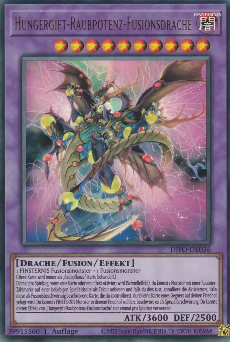 Hungergift-Raubpotenz-Fusionsdrache DIFO-DE036 ist in Ultra Rare Yu-Gi-Oh Karte aus Dimension Force 1.Auflage