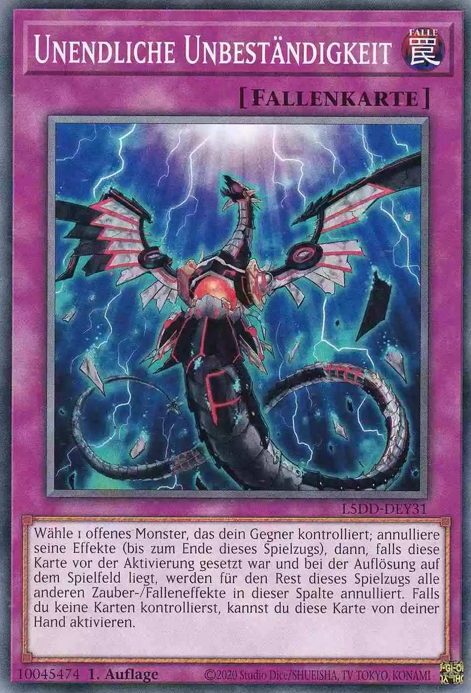 Unendliche Unbeständigkeit Common L5DD-DEY31 Yugioh Karte Unendliche Unbeständigkeit L5DD-DEY31 ist in Common Yu-Gi-Oh Karte aus Legendary 5D’s Decks 1.Auflage