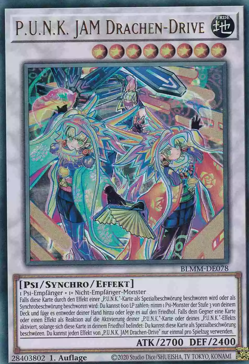 P.U.N.K. JAM Drachen-Drive Ultra Rare BLMM-DE078 Yugioh Karte P.U.N.K. JAM Drachen-Drive BLMM-DE078 ist in Ultra Rare Yu-Gi-Oh Karte aus Battles of Legend Monster Mayhem 1.Auflage