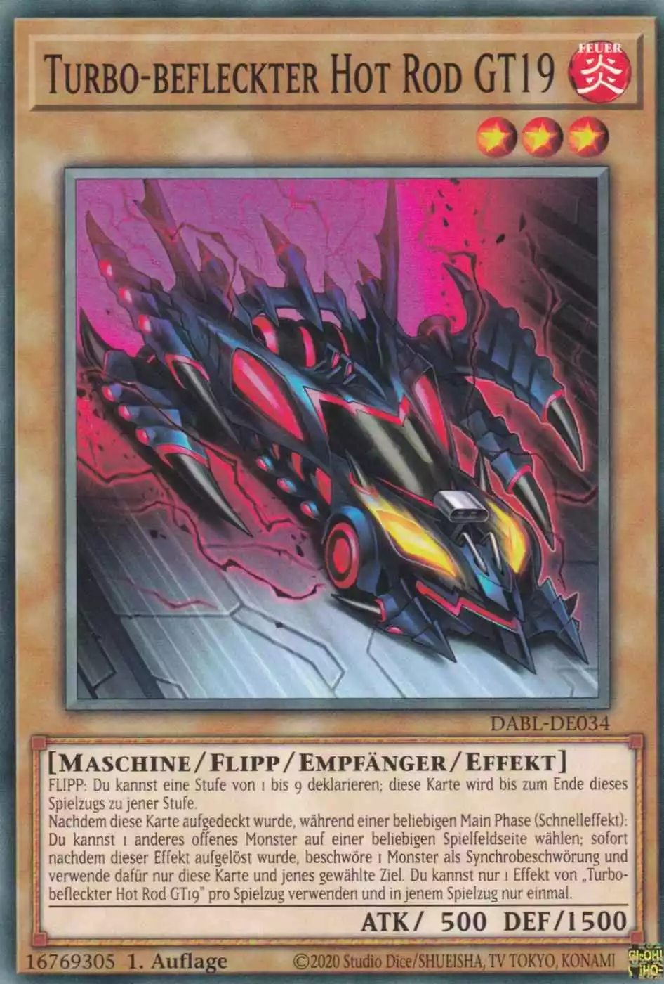 Turbo-befleckter Hot Rod GT19 DABL-DE034 ist in Common Yu-Gi-Oh Karte aus Darkwing Blast 1.Auflage