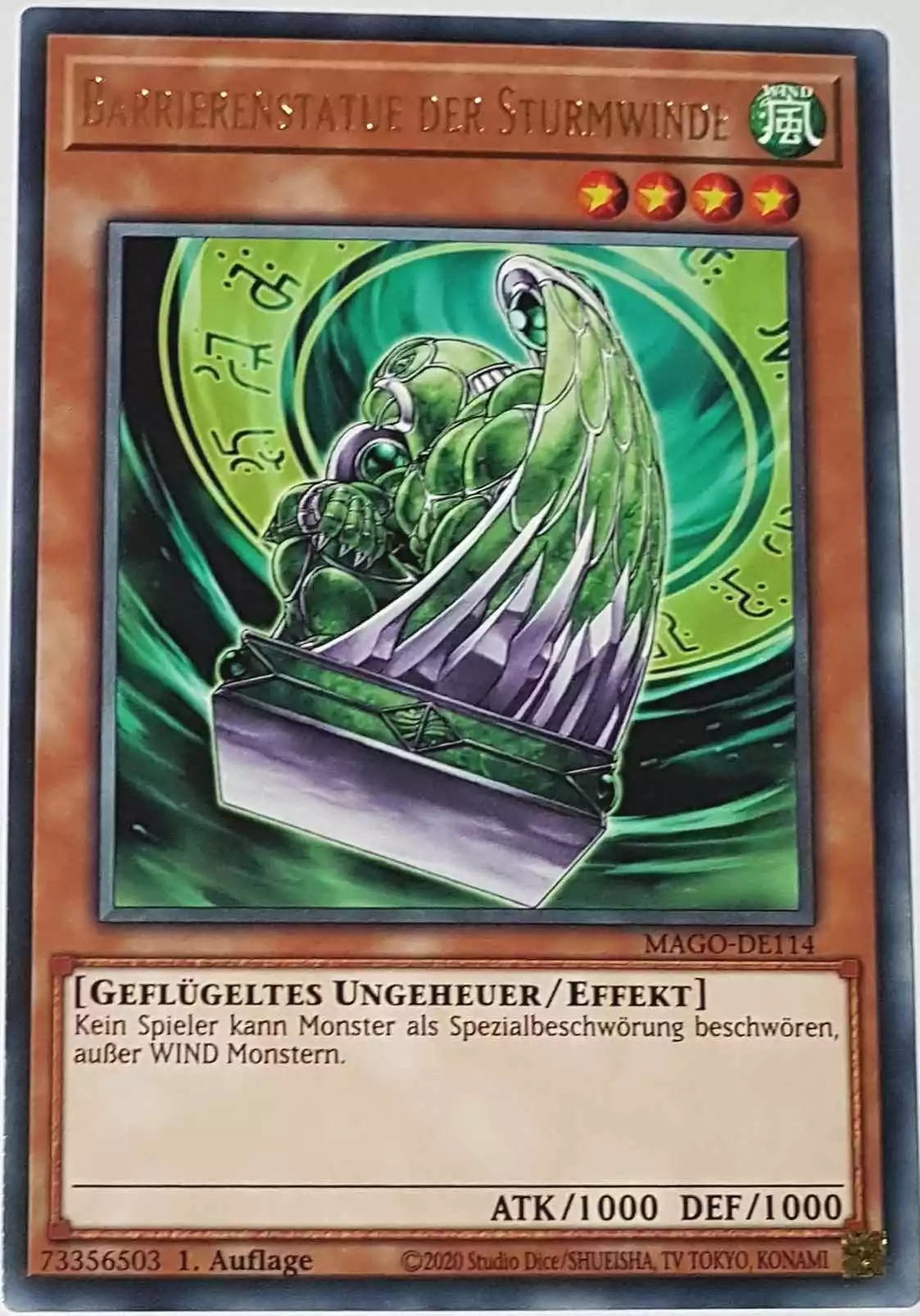 Barrierenstatue der Sturmwinde MAGO-DE114 ist in Gold Rare Yu-Gi-Oh Karte aus Maximum Gold 1. Auflage