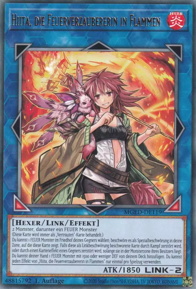 Hiita, die Feuerverzaubererin in Flammen MGED-DE119 ist in Rare Yu-Gi-Oh Karte aus Maximum Gold El Dorado 1.Auflage