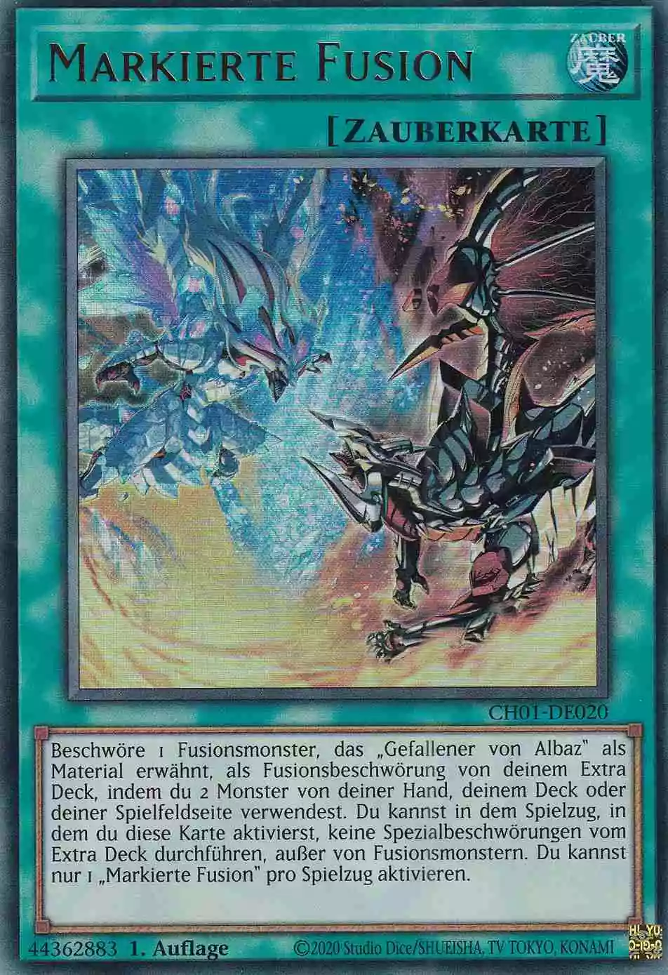 Markierte Fusion Ultra Rare CH01-DE020 Yugioh Karte Markierte Fusion CH01-DE020 ist in Ultra Rare Yu-Gi-Oh Karte aus THE CHRONICLES DECK: The Fallen & The Virtuous 1.Auflage
