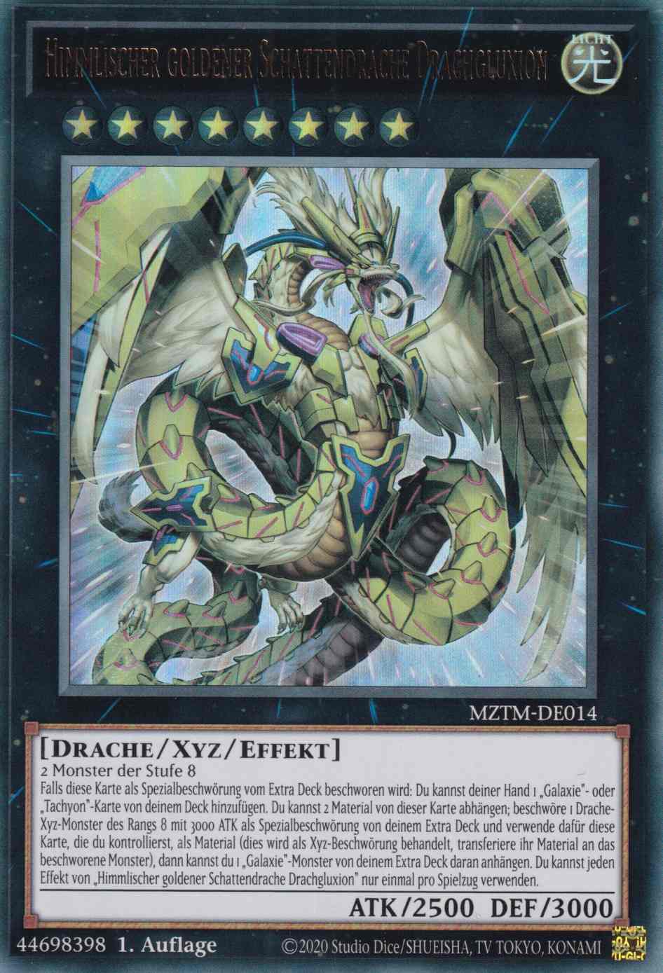 Himmlischer goldener Schattendrache Drachgluxion MZTM-DE014 ist in Ultra Rare Yu-Gi-Oh Karte aus Maze of the Master 1.Auflage