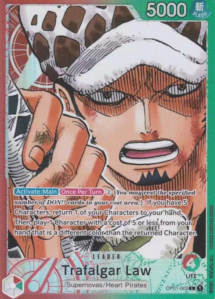op01-002-a-trafalgar-law-leader-romance-dawn Trafalgar Law OP01-002 ist in Leader. Die One Piece Karte ist aus Romance Dawn in Parallel Alternative Art.