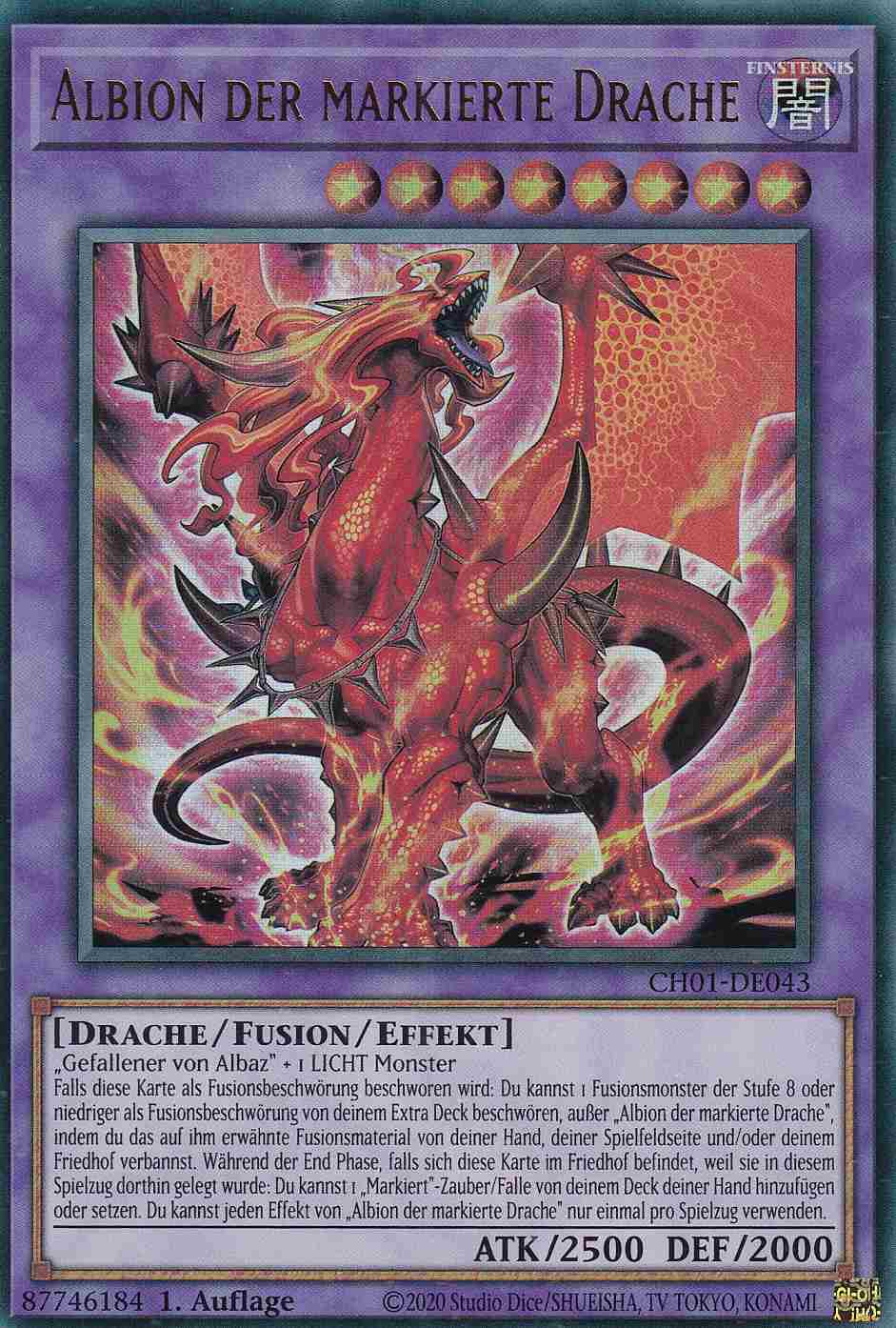 Albion der markierte Drache Ultra Rare CH01-DE043 Yugioh Karte Albion der markierte Drache CH01-DE043 ist in Ultra Rare Yu-Gi-Oh Karte aus THE CHRONICLES DECK: The Fallen & The Virtuous 1.Auflage