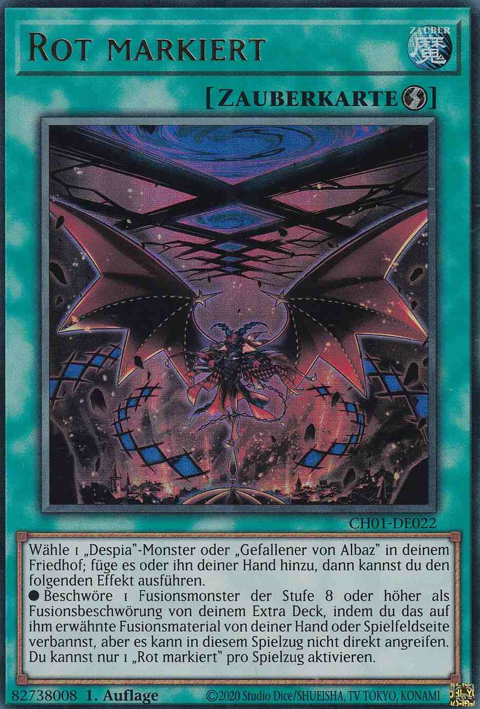 Rot markiert Ultra Rare CH01-DE022 Yugioh Karte Rot markiert CH01-DE022 ist in Ultra Rare Yu-Gi-Oh Karte aus THE CHRONICLES DECK: The Fallen & The Virtuous 1.Auflage