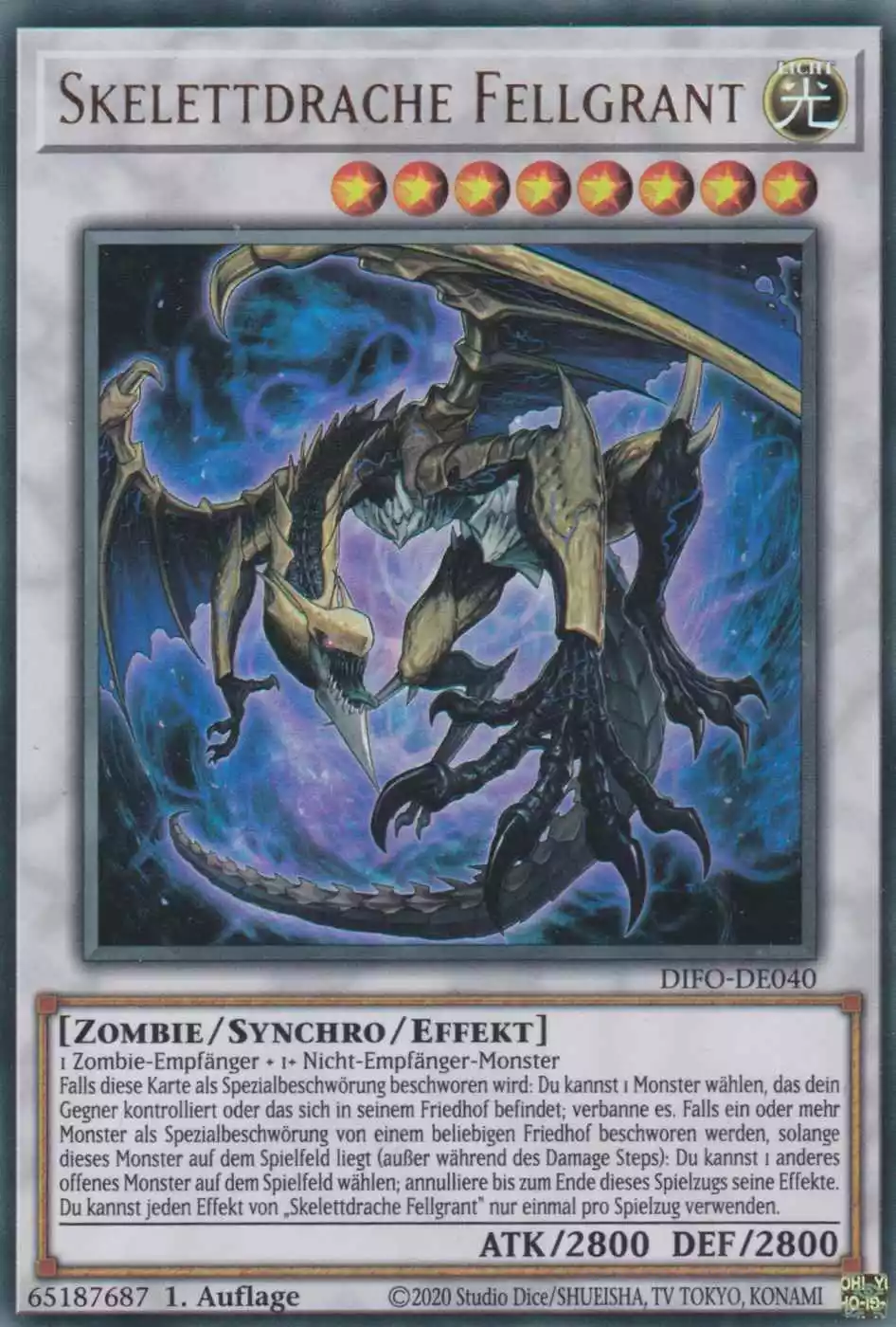Skelettdrache Fellgrant DIFO-DE040 ist in Ultra Rare Yu-Gi-Oh Karte aus Dimension Force 1.Auflage