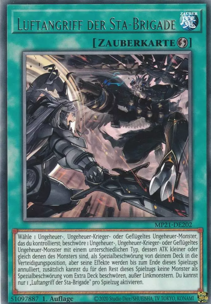 Luftangriff der Sta-Brigade MP21-DE202 ist in Rare Yu-Gi-Oh Karte aus Tin of Ancient Battles 1.Auflage