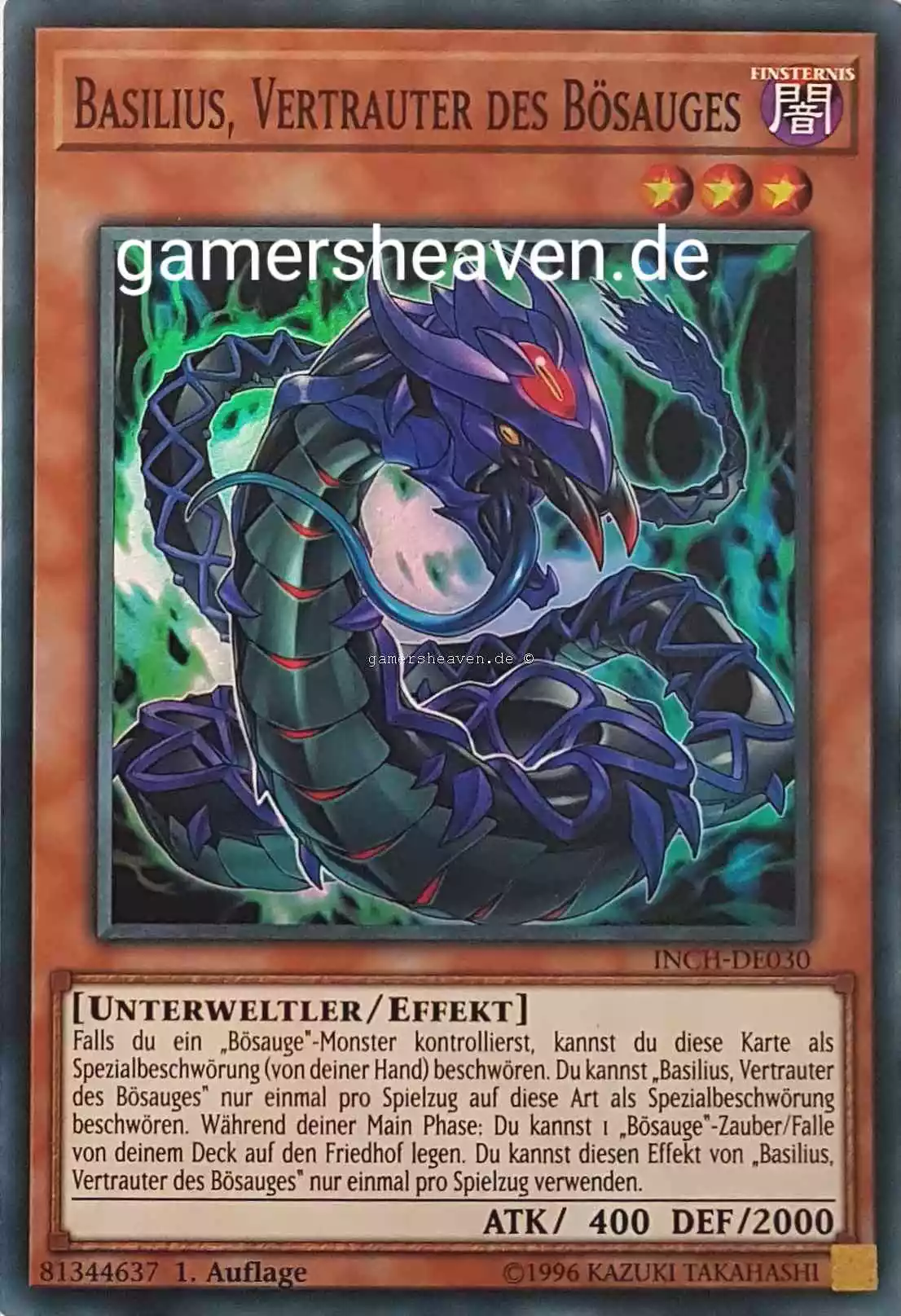 Basilius, Vertrauter des Bösauges INCH-DE030 ist in Super Rare Yu-Gi-Oh Karte aus The Infinity Chasers 1.Auflage