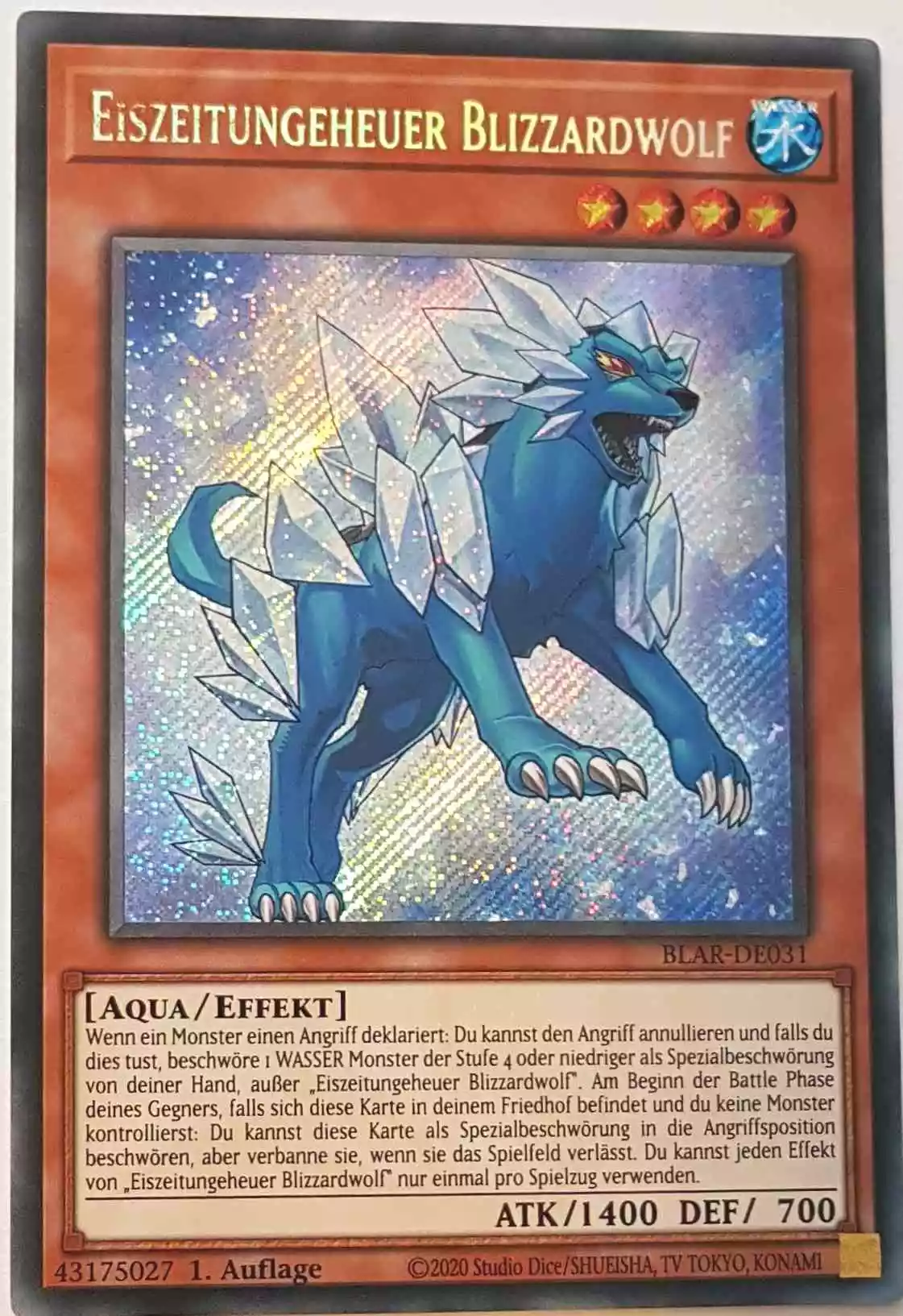 Eiszeitungeheuer Blizzardwolf BLAR-DE031 ist in Secret Rare Yu-Gi-Oh Karte aus Battles of Legend: Armageddon 1.Auflage