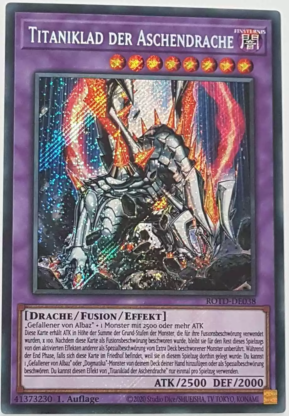 Titaniklad der Aschendrache ROTD-DE038 ist in Secret Rare Yu-Gi-Oh Karte aus Rise of the Duelist 1.Auflage