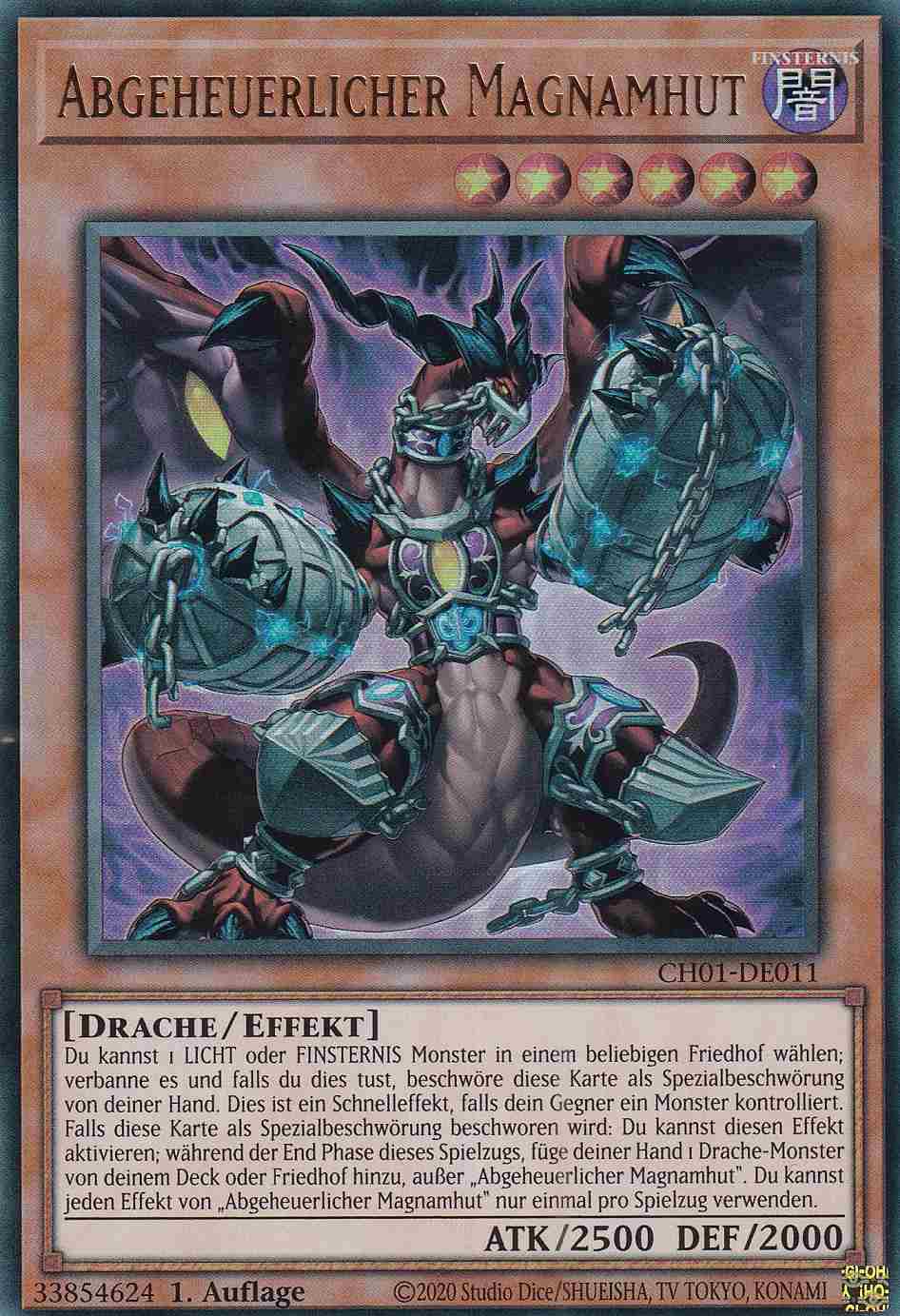 Abgeheuerlicher Magnamhut Ultra Rare CH01-DE011 Yugioh Karte Abgeheuerlicher Magnamhut CH01-DE011 ist in Ultra Rare Yu-Gi-Oh Karte aus THE CHRONICLES DECK: The Fallen & The Virtuous 1.Auflage