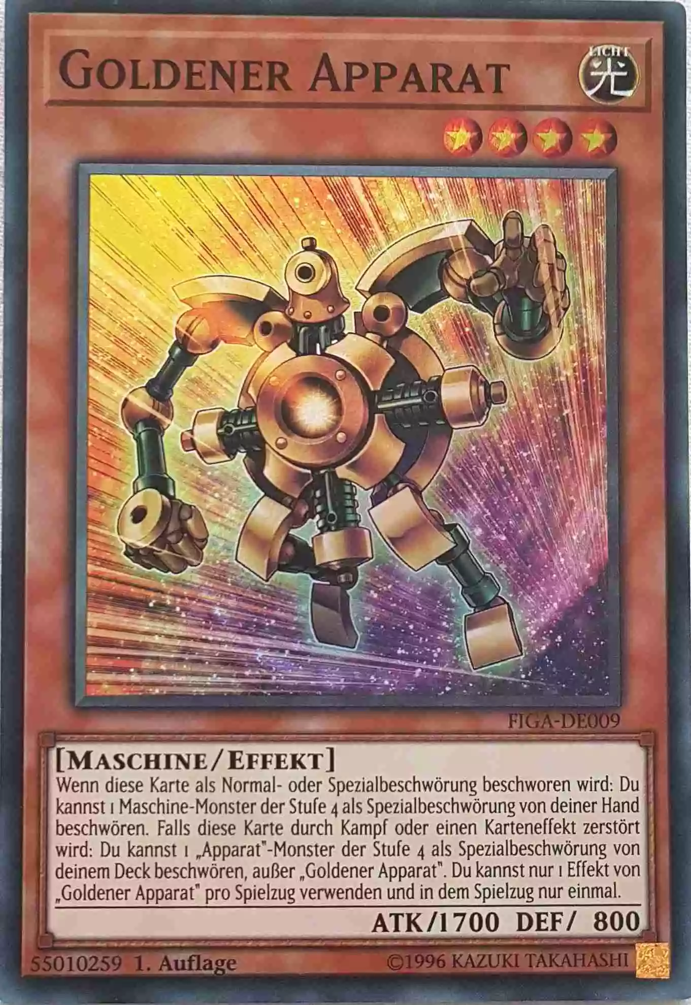 Goldener Apparat FIGA-DE009 ist in Super Rare Yu-Gi-Oh Karte aus Fists of the Gadgets 1.Auflage