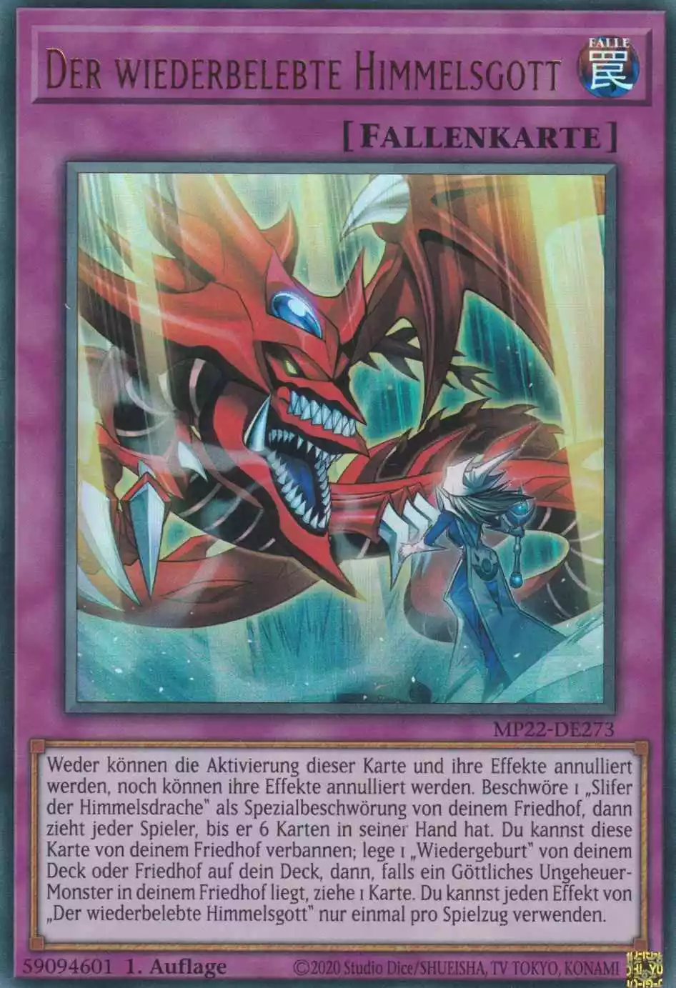 Der wiederbelebte Himmelsgott MP22-DE273 ist in Ultra Rare Yu-Gi-Oh Karte aus Tin of the Pharaoh’s Gods 1.Auflage