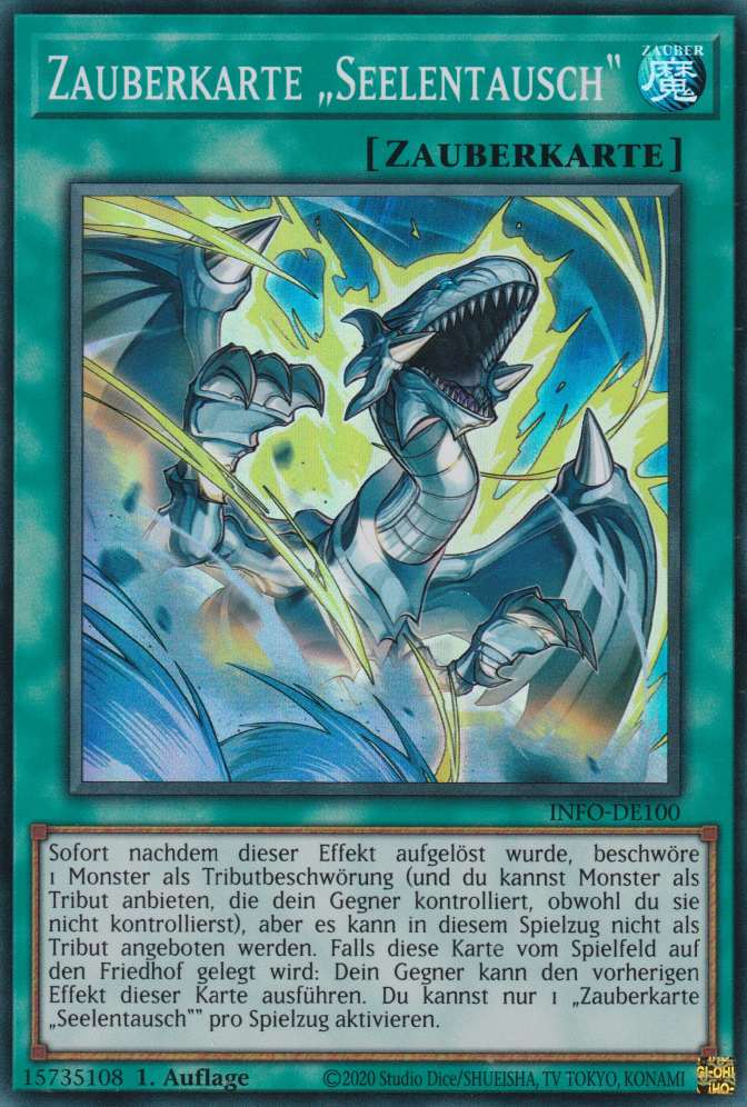 Zauberkarte „Seelentausch“ INFO-DE100 ist in Super Rare Yu-Gi-Oh Karte aus The Infinite Forbidden 1.Auflage