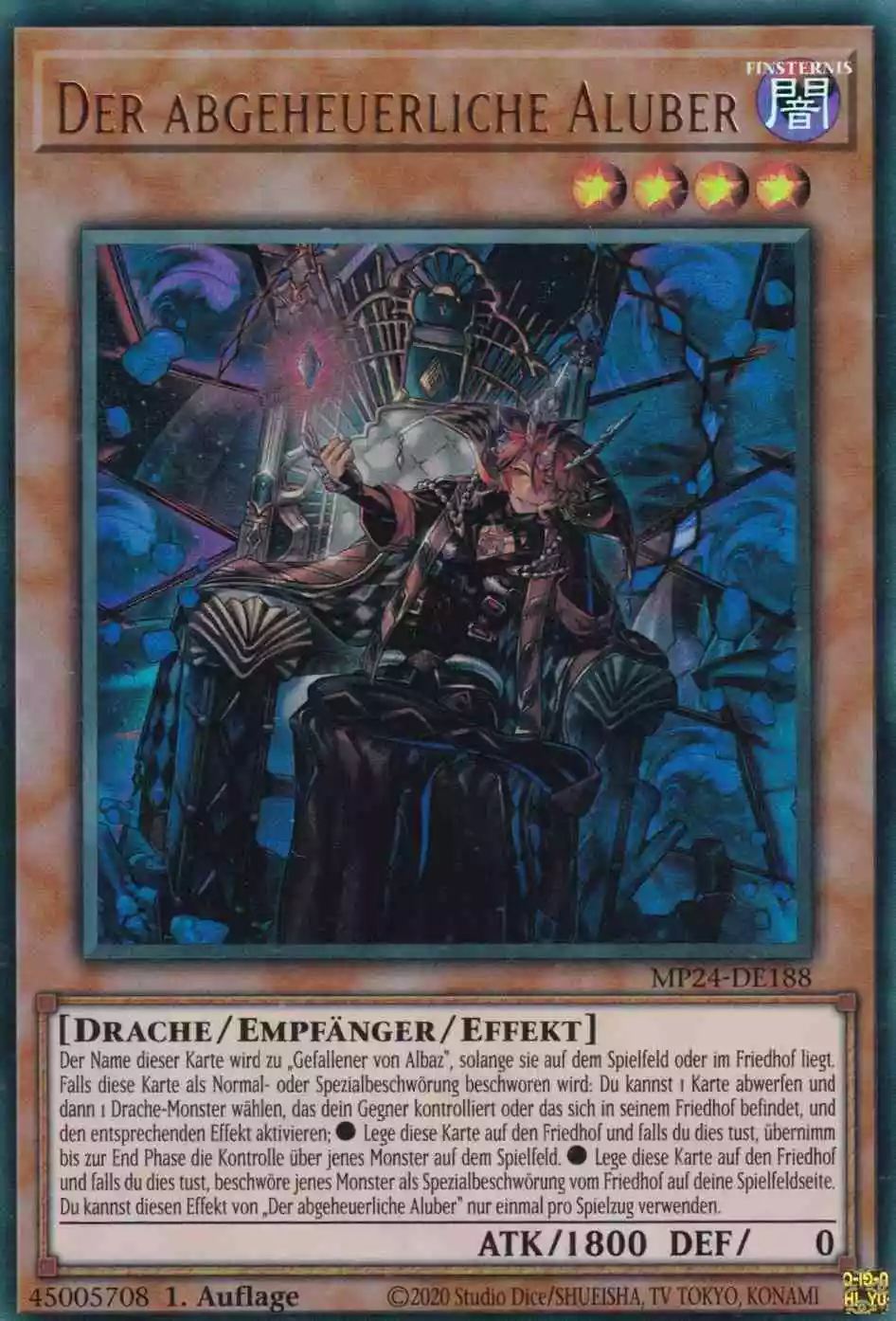 Der abgeheuerliche Aluber Ultra Rare MP24-DE188 Yugioh Karte Der abgeheuerliche Aluber MP24-DE188 ist in Ultra Rare Yu-Gi-Oh Karte aus 25th Anniversary Tin Dueling Mirrors 1.Auflage