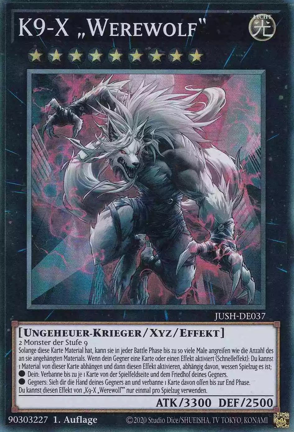 K9-X „Werewolf“ JUSH-DE037 ist in Super Rare Yu-Gi-Oh Karte aus Justice Hunters 1.Auflage